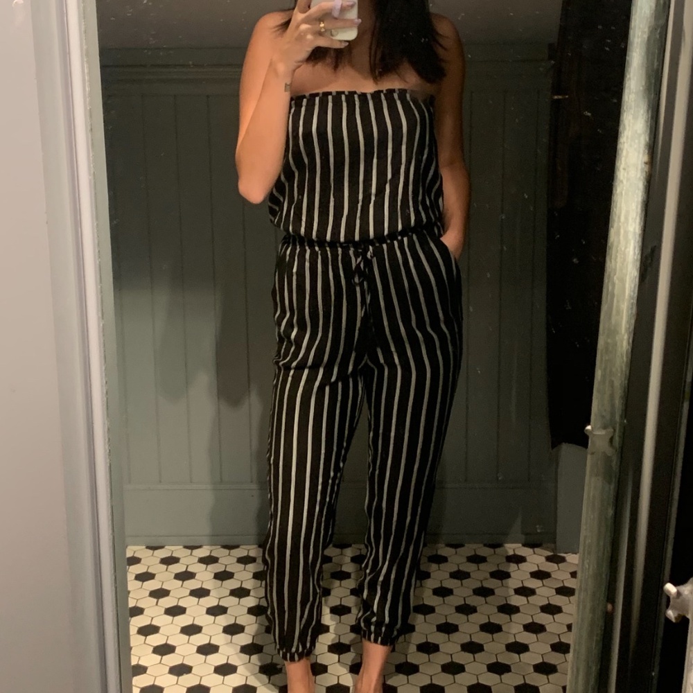 forever21 black and white striped strapless romper